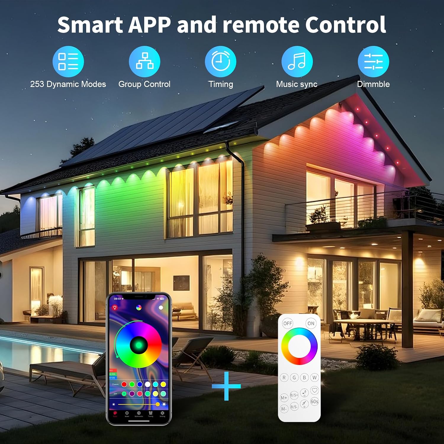 MILADALED Luces exteriores permanentes RGB Smart IC 100FT\/50LEDs D...
