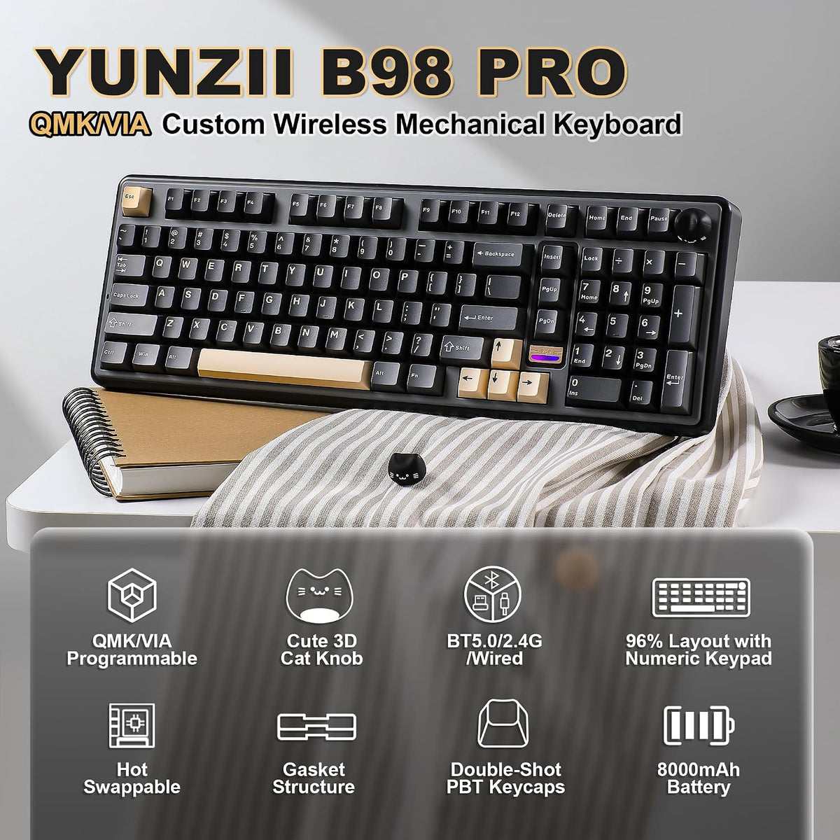 YUNZII Teclado mecánico inalámbrico B98 PRO 96% (negro, interruptor...