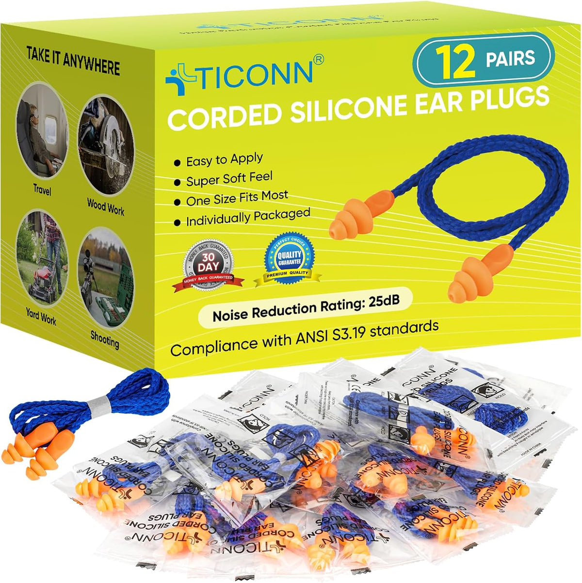 TICONN 12 pares de tapones para los oídos reutilizables de silicona...
