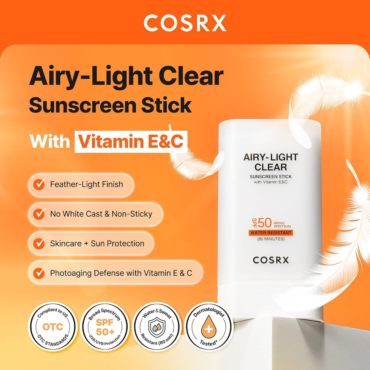 COSRX Airy-Light Clear protector solar en barra con vitamina E y C,...