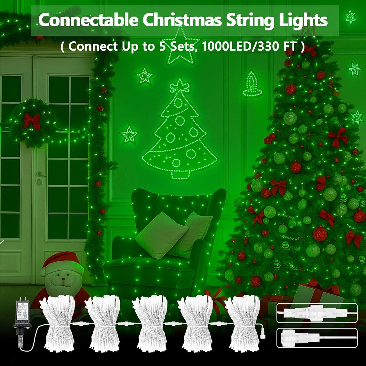 Guirnalda de 200 luces LED conectables, luces de Navidad de 66 pies...