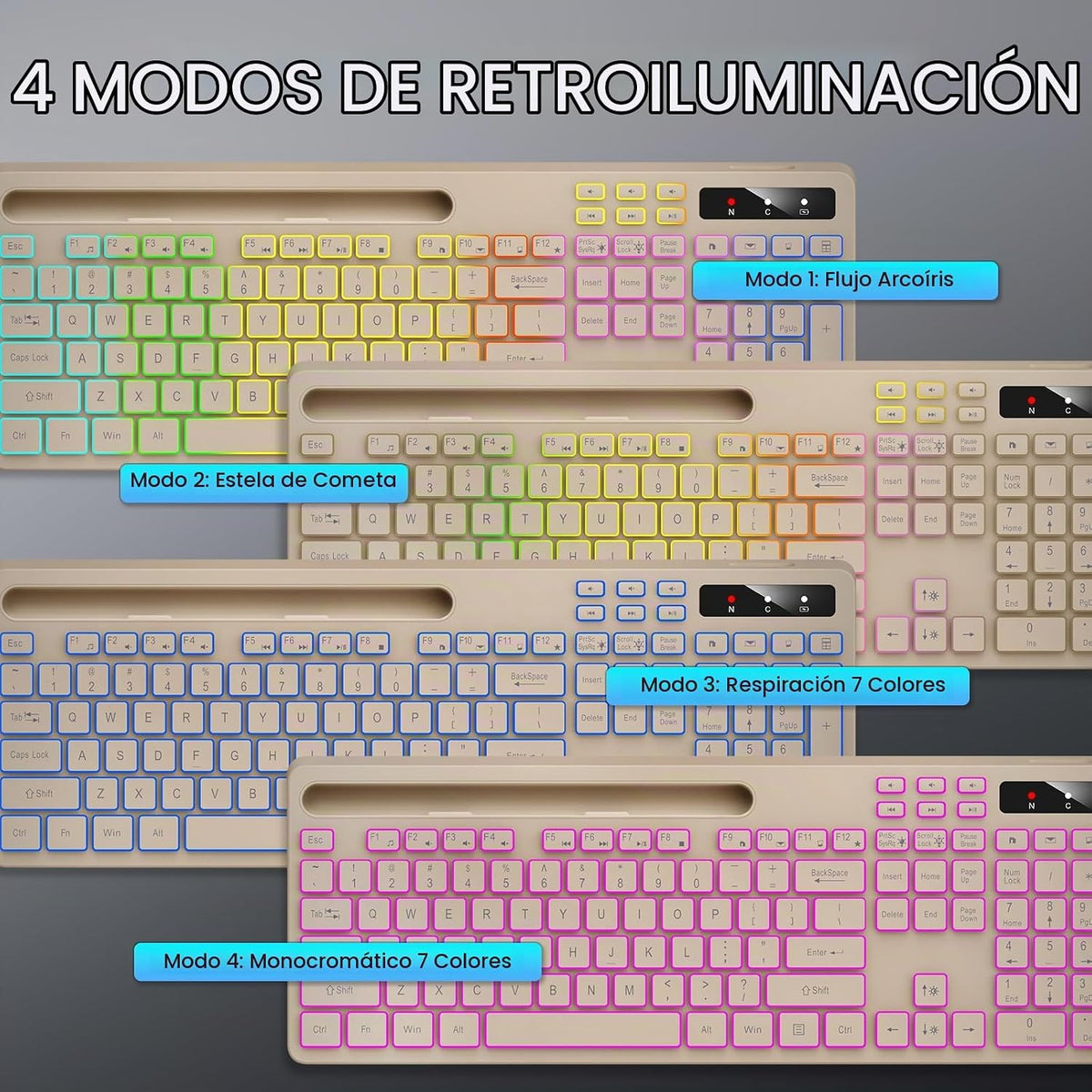 Soueto Teclado inalámbrico con retroiluminación RGB de 7 colores, t...