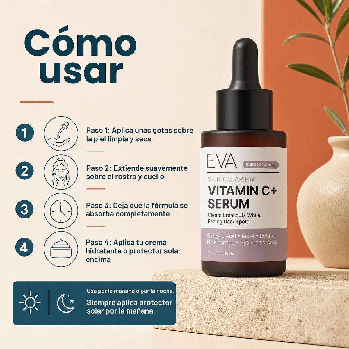 Eva Naturals Suero limpiador de piel con vitamina C, retinol y sali...