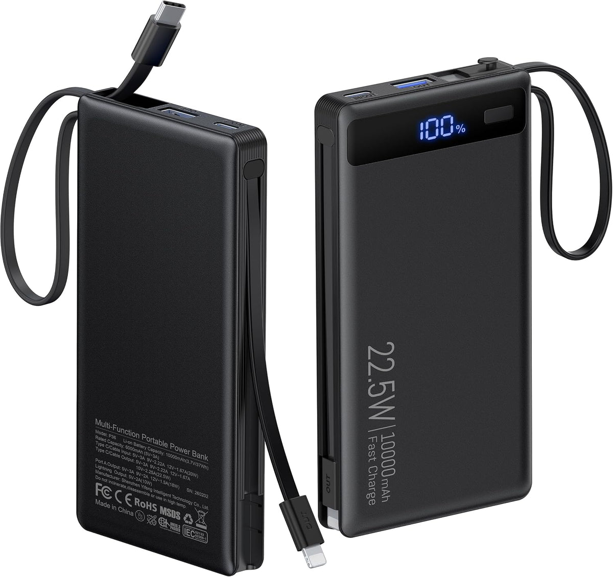 Cargador portátil 10000mAh incorporado 2 cables, 22.5W PD 40% más d...