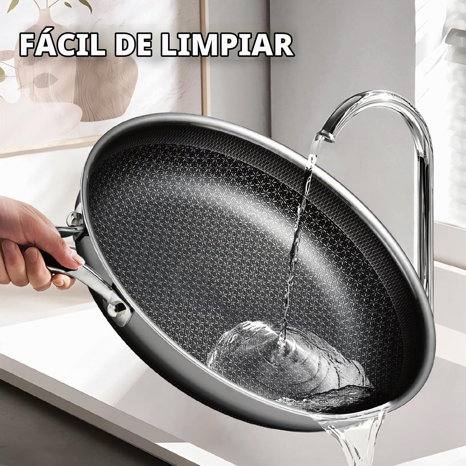 SNOWCLAD Sartén híbrida antiadherente de acero inoxidable con tapa,...