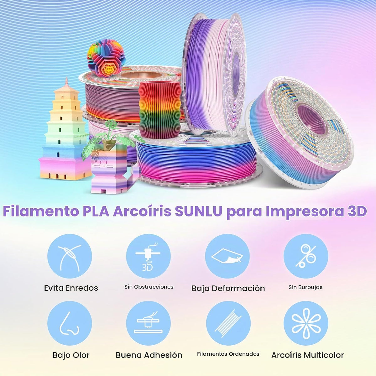SUNLU Filamento para impresora 3D, filamento PLA arcoíris de 0.07 i...