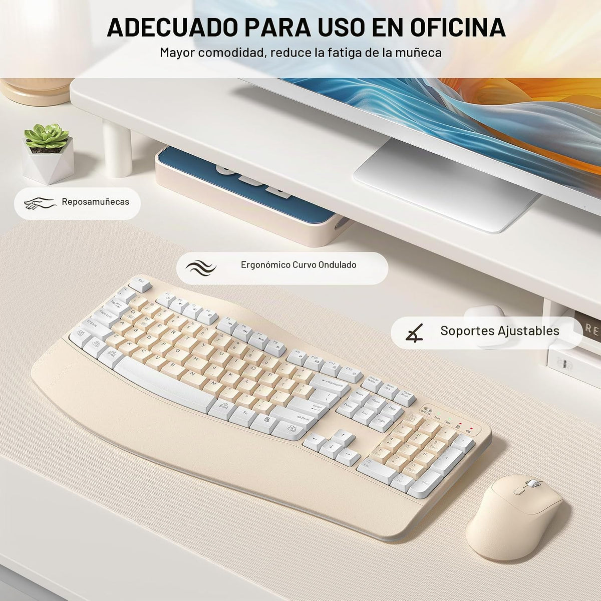 Combo ergonómico de teclado y mouse inalámbricos, teclado Wave Keys...