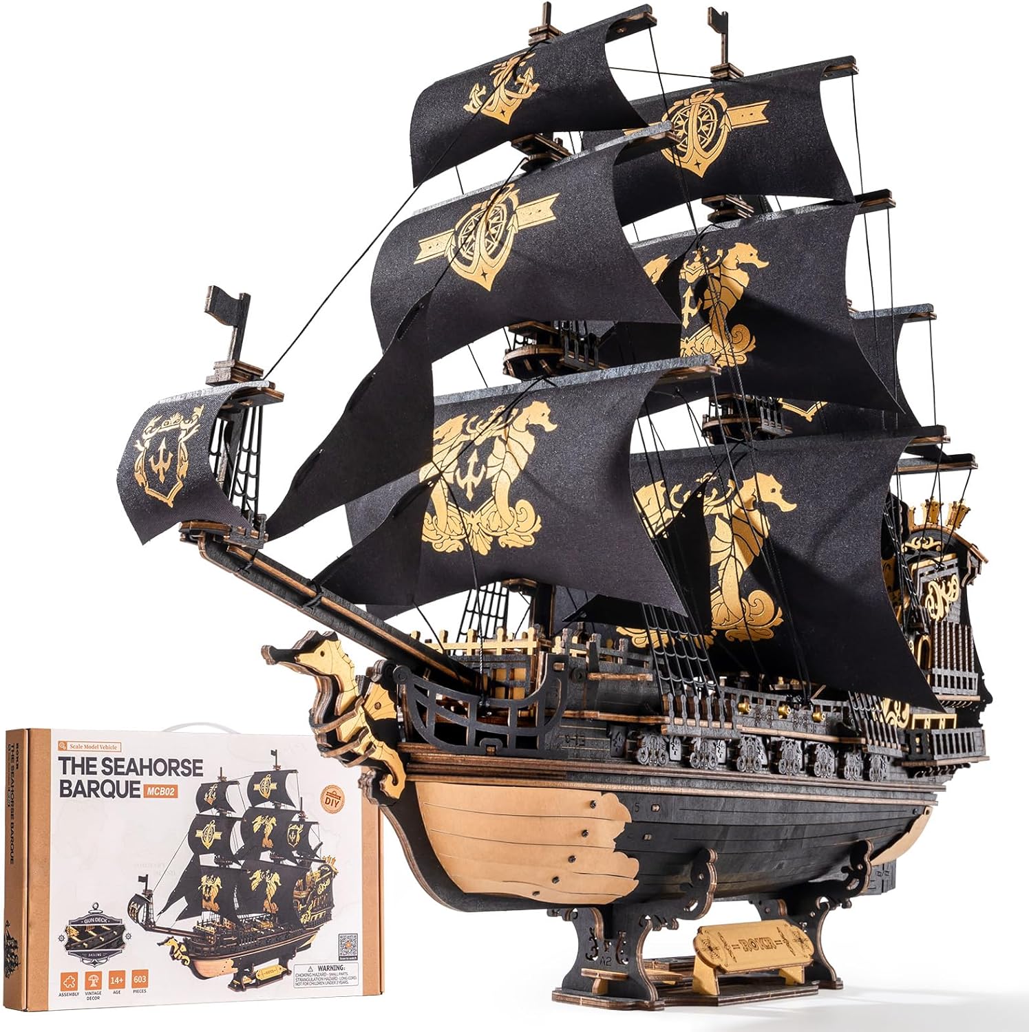 ROKR Rompecabezas de madera 3D, kit de modelo de barca de caballito...
