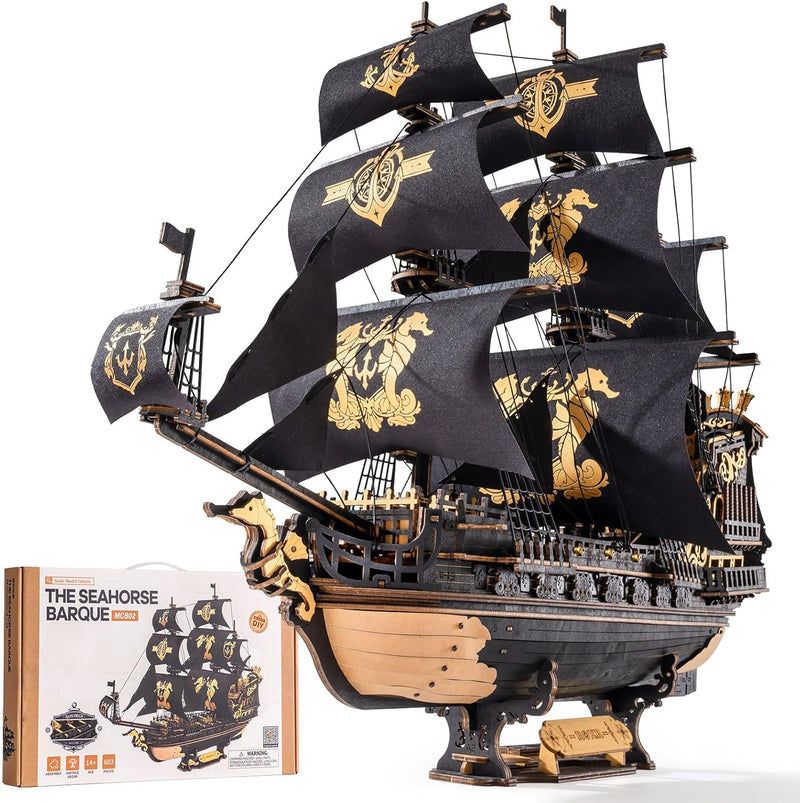 ROKR Rompecabezas de madera 3D, kit de modelo de barca de caballito...