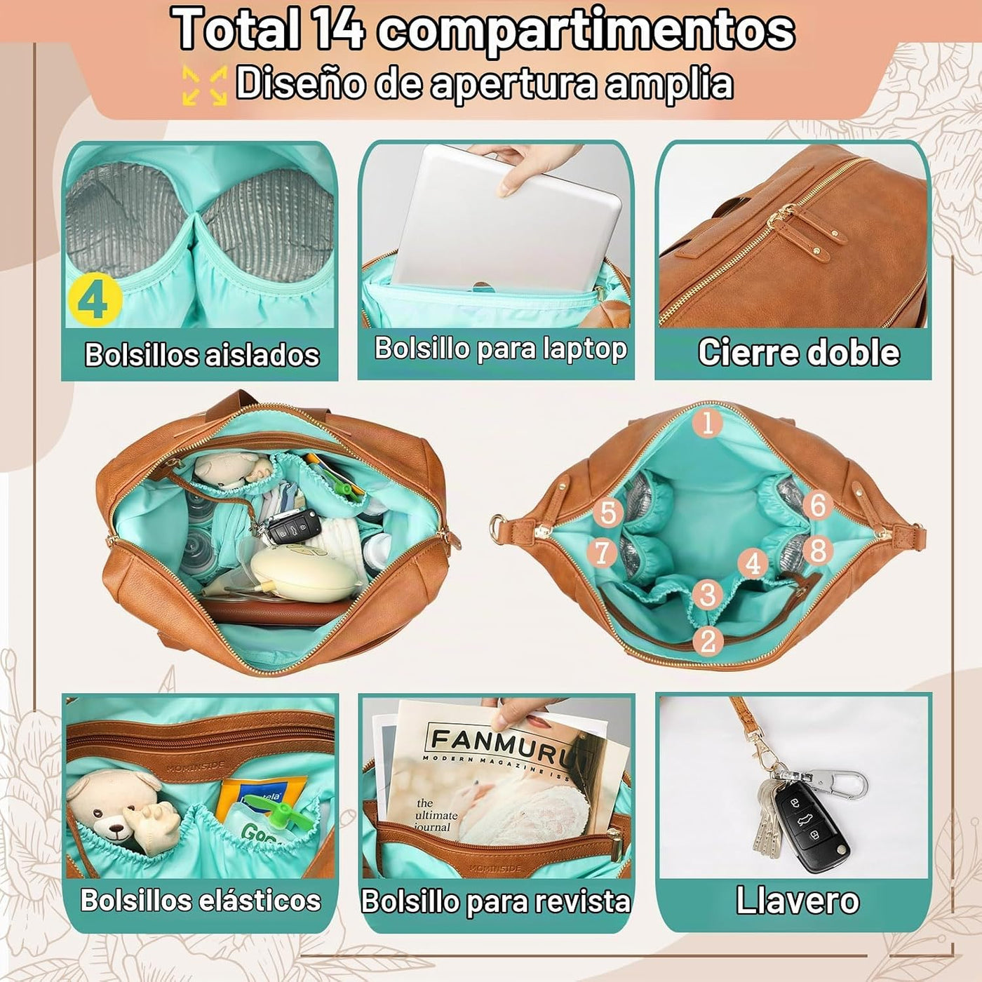 MOMINSIDE - Mochila de cuero convertible para pañales de bebé, bols...