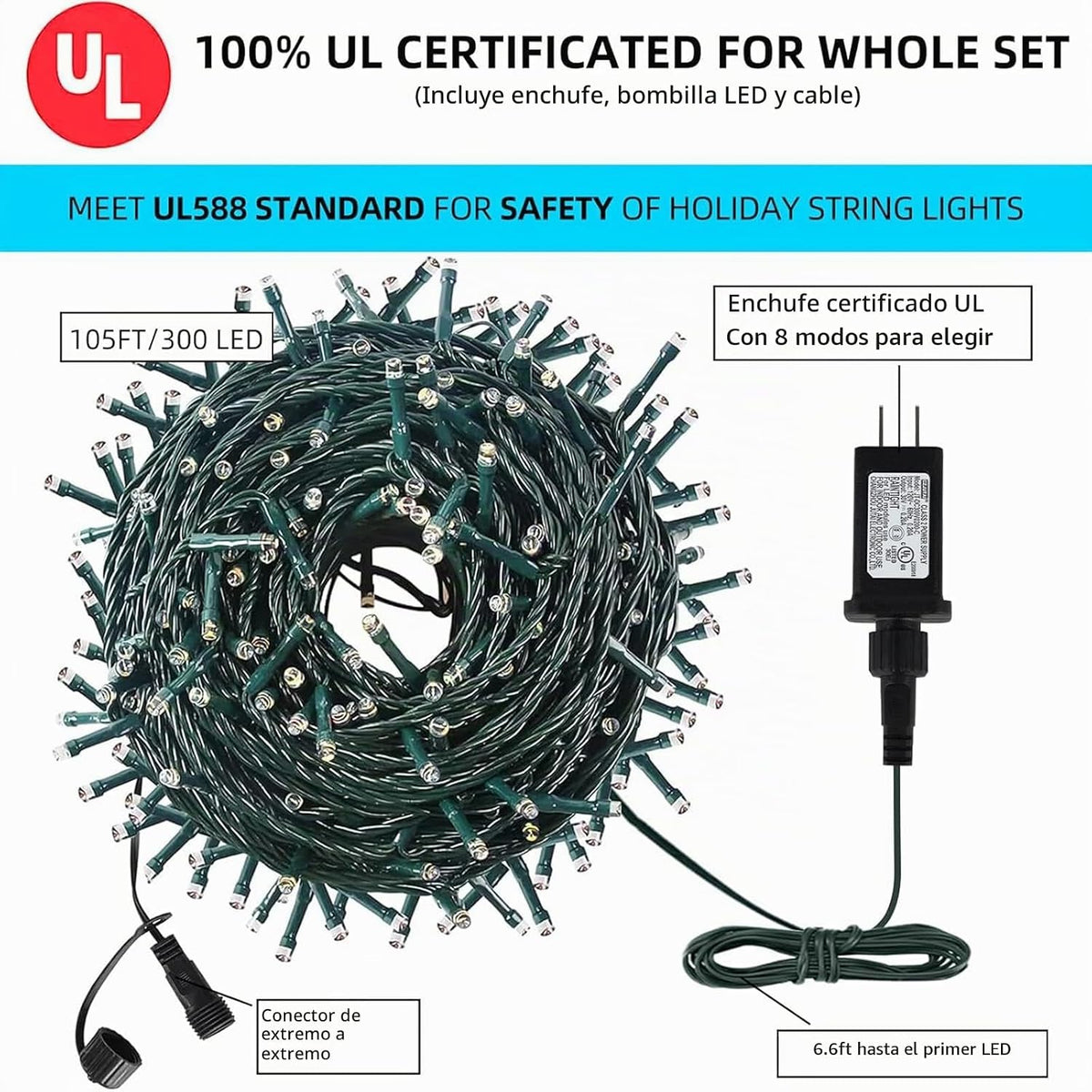 MZD8391 Luz de Navidad de 105 pies 300 LED para interiores y exteri...