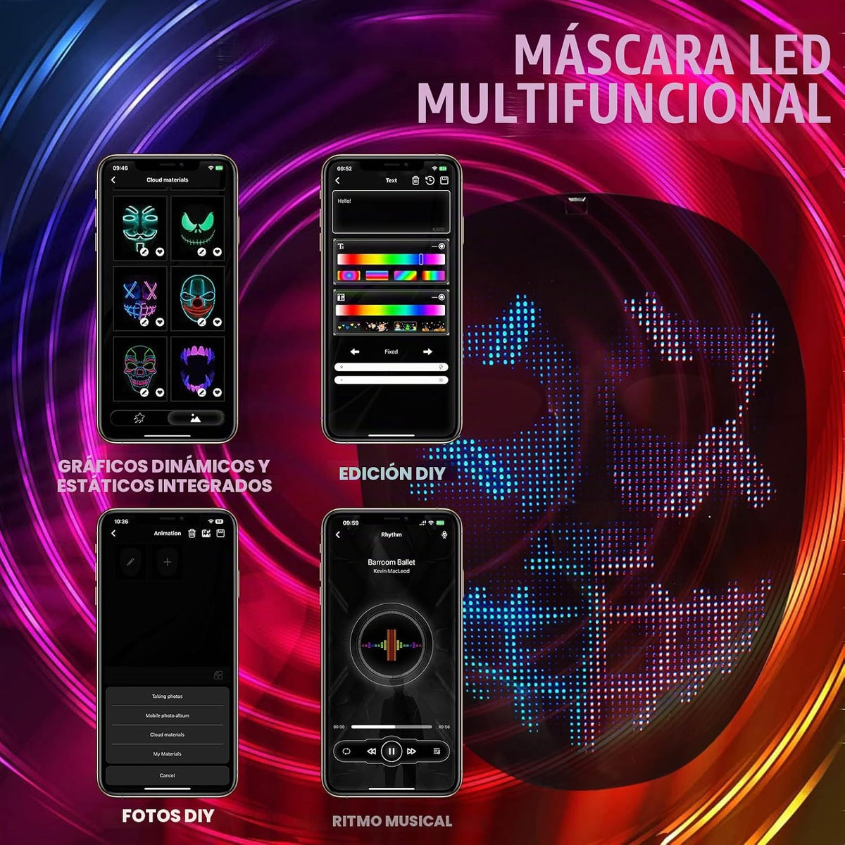 MOYACA Máscara LED con luz, máscara que se ilumina con detección de...