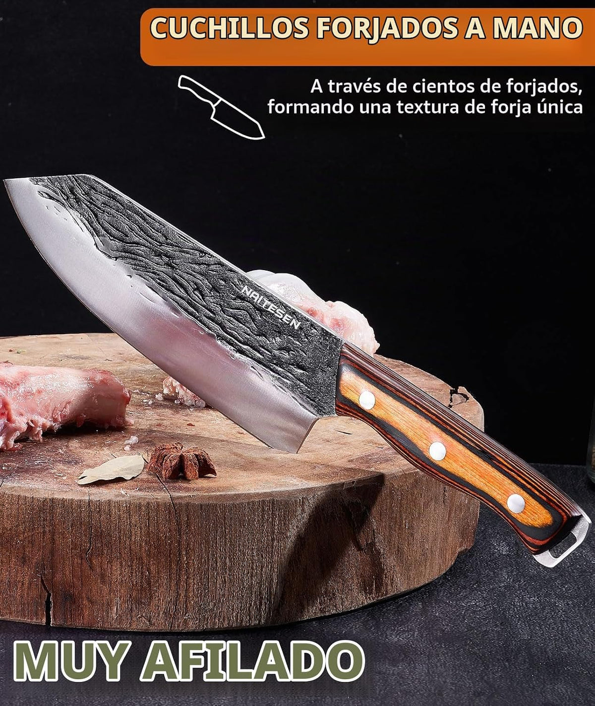 Naitesen 7 piezas de cuchillo de carnicero forjado a mano y cuchill...