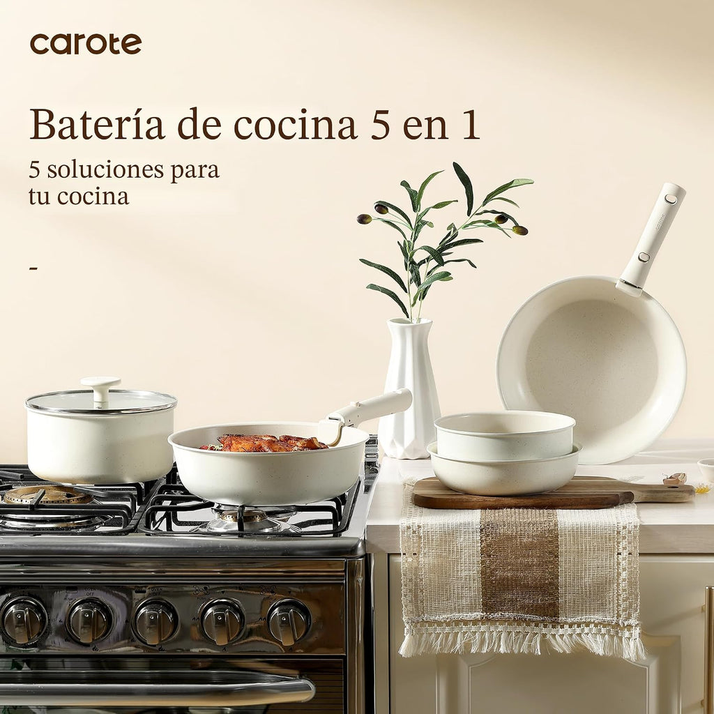 CAROTE - Juego de ollas y sartenes antiadherentes, mango desmontabl...