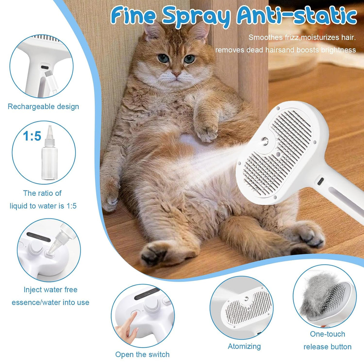 Cepillo de vapor para mascotas para gatos y perros, peine autolimpi...