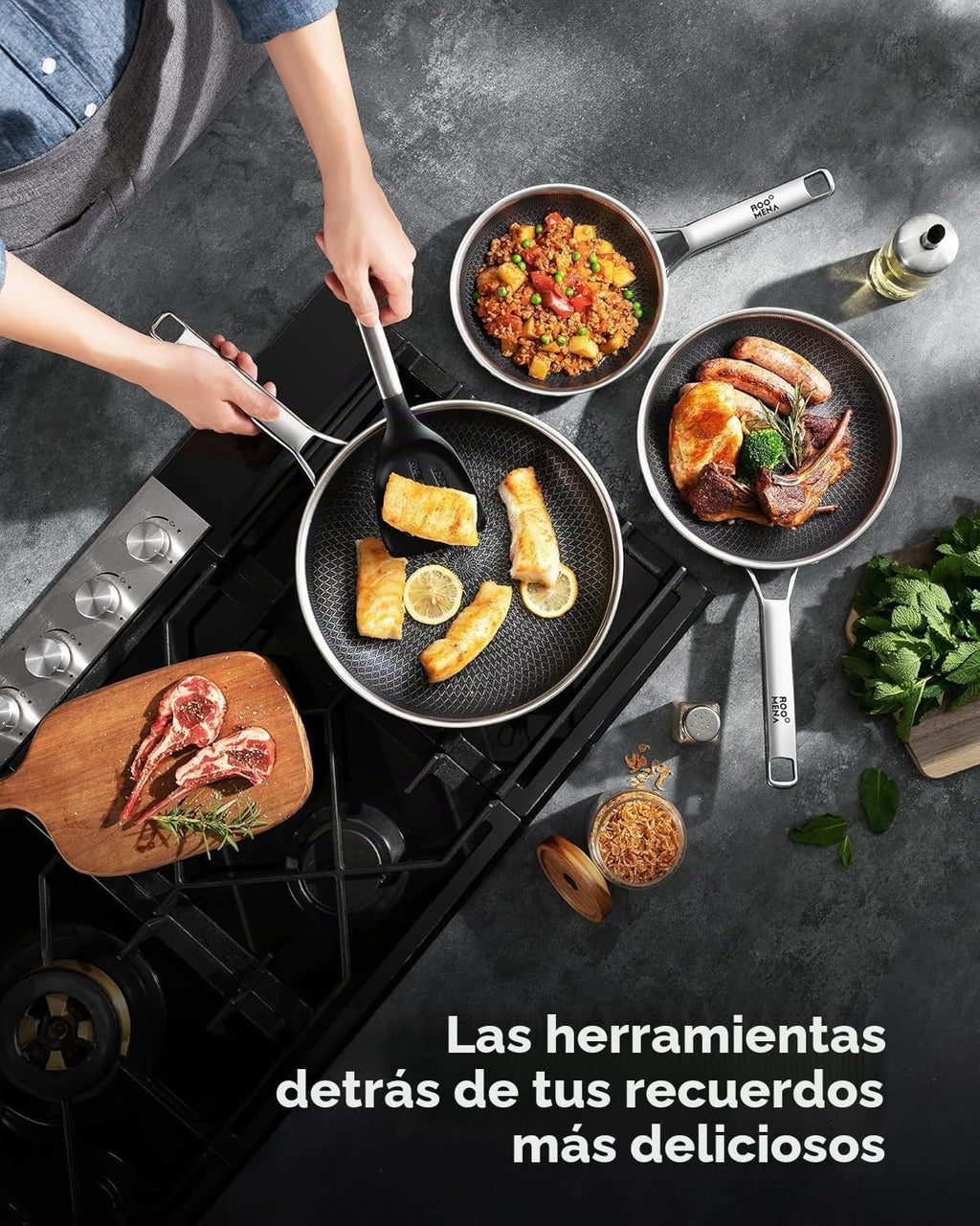Roomena Juego de sartenes antiadherentes con 2 tapas, sartén de cer...