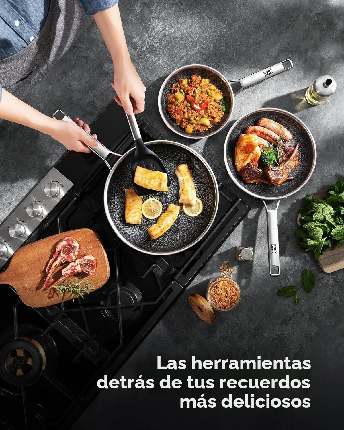 Roomena Juego de sartenes antiadherentes con 2 tapas, sartén de cer...