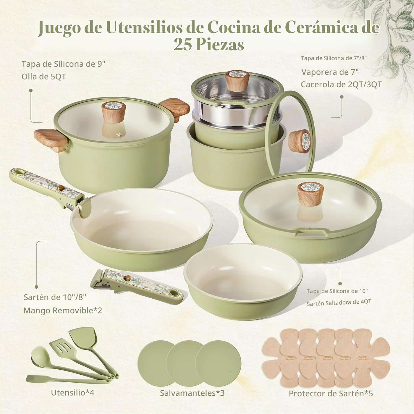 CAROTE Juego de utensilios de cocina de cerámica de 25 piezas, olla...