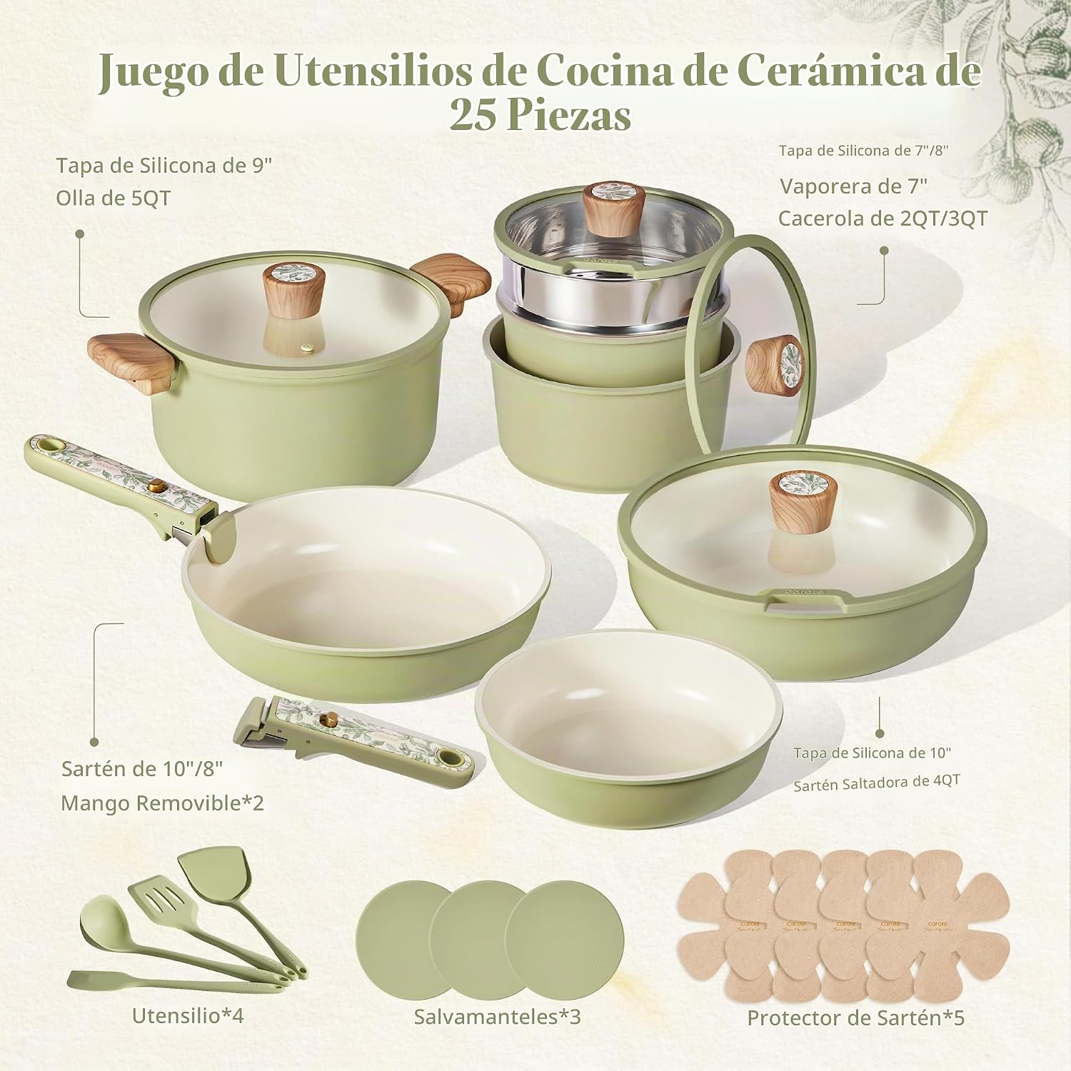 CAROTE Juego de utensilios de cocina de cerámica de 25 piezas, olla...