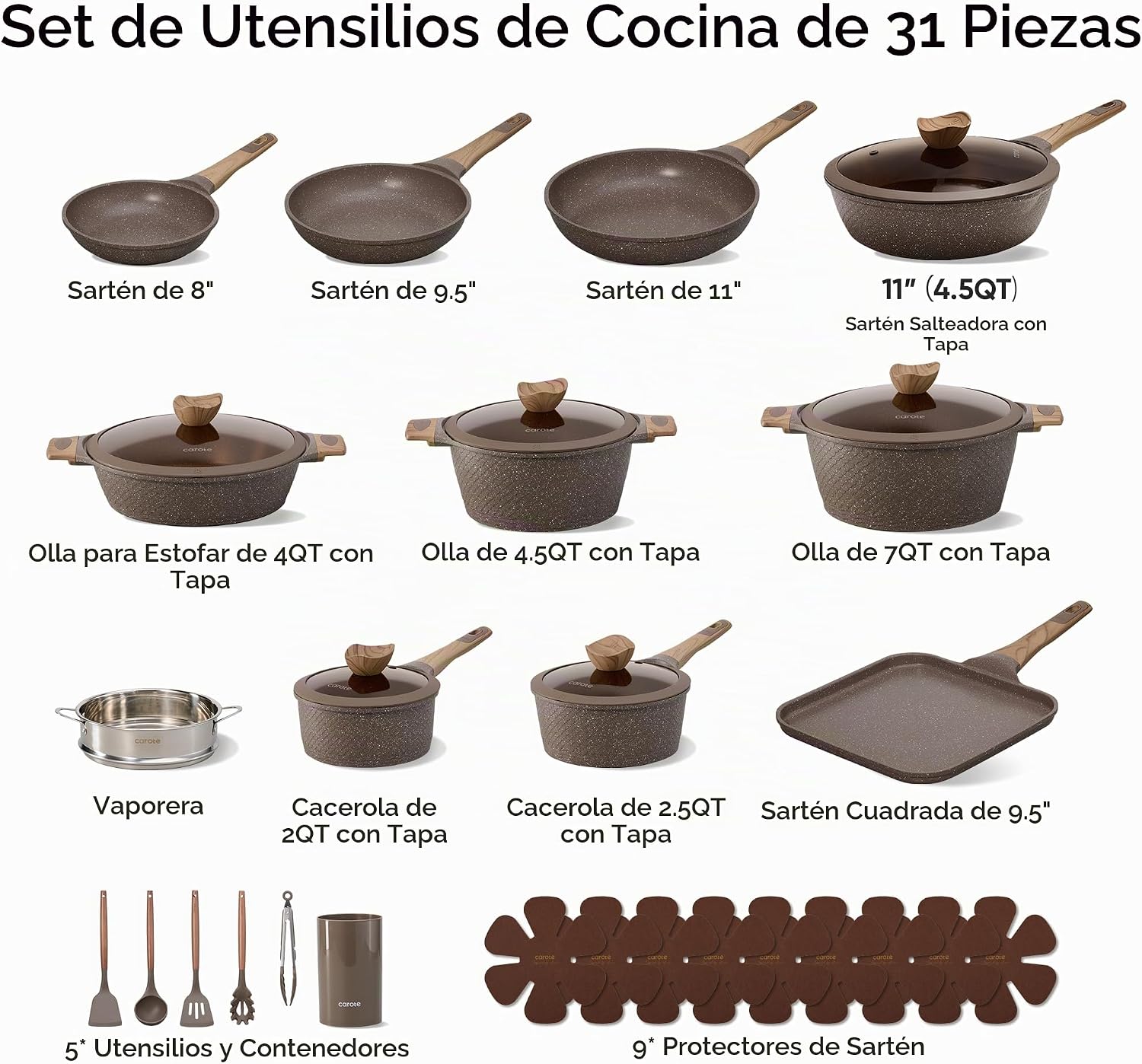 CAROTE Juego de 31 ollas y sartenes antiadherentes, juego de utensi...