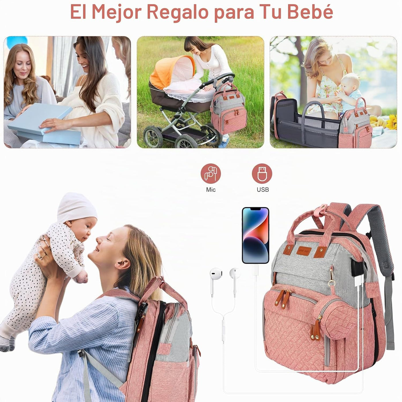 Mochila de Pañales, Mochila de Pañales para Bebé, Gran Capacidad Mu...