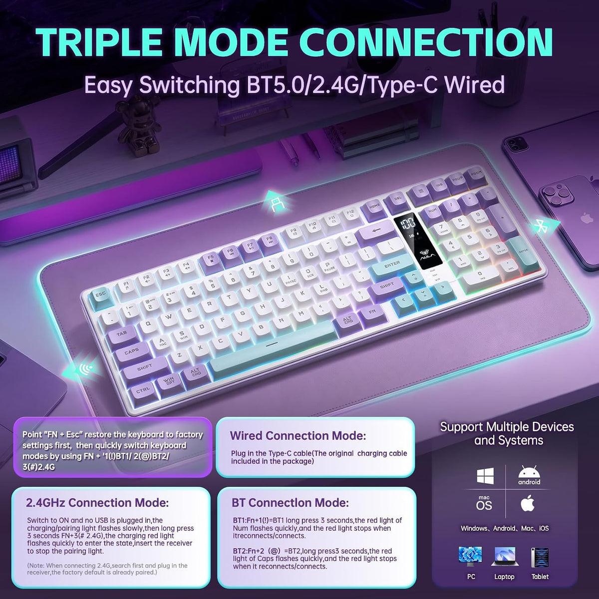 Aula S99pro V2 Teclado para juegos de tamaño completo, teclado inal...