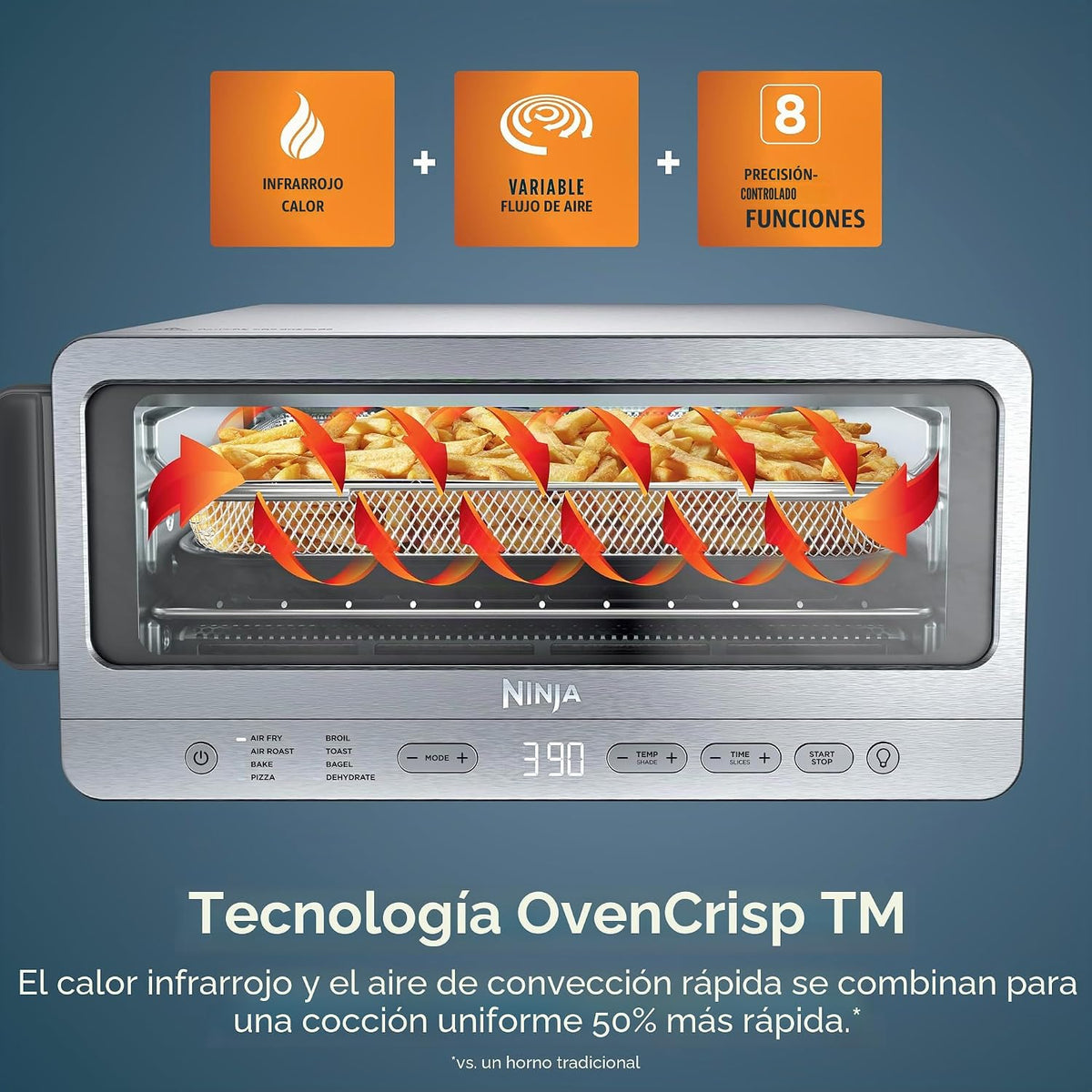 Ninja Horno tostador abatible y freidora de aire, 8 en 1, acero ino...