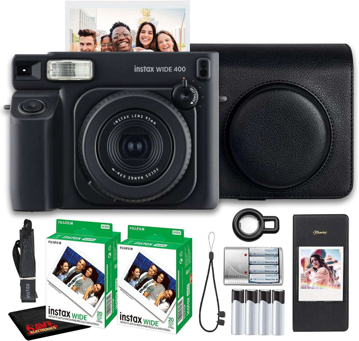 Fujifilm Cámara Instax Wide 400 de película instantánea (negro) paq...