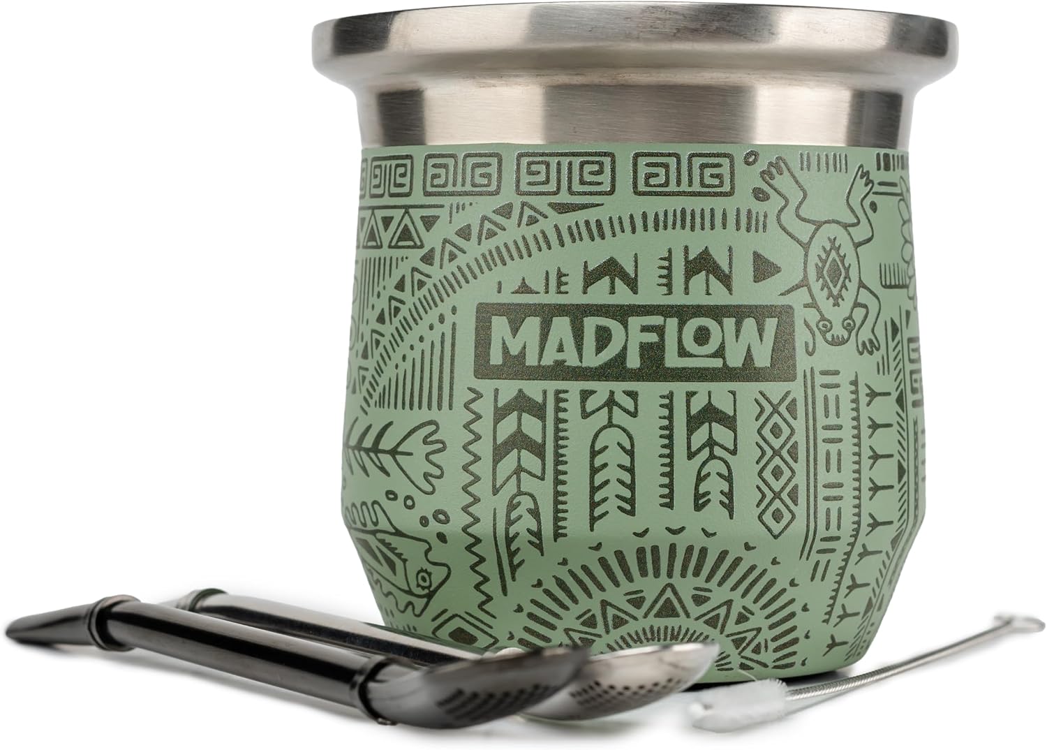 MADFLOW Taza de Yerba Mate. Taza mate de acero inoxidable con 2 bombillas. Calabaza de yerba mate aislada al vacío de doble pared. Juego único de calabaza y bombilla