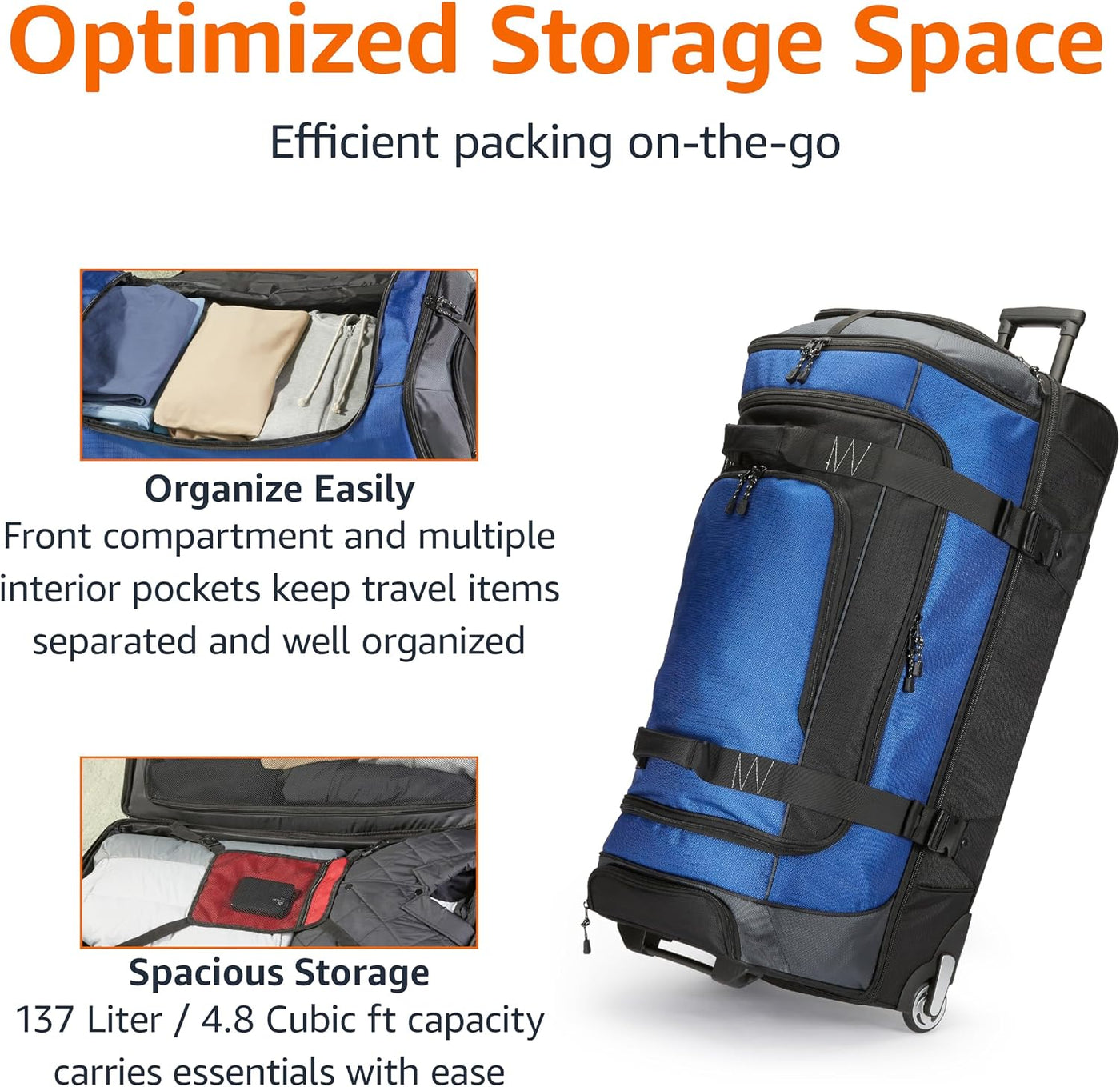 Amazon Basics - Bolsa de viaje con ruedas de Ripstop, Azul