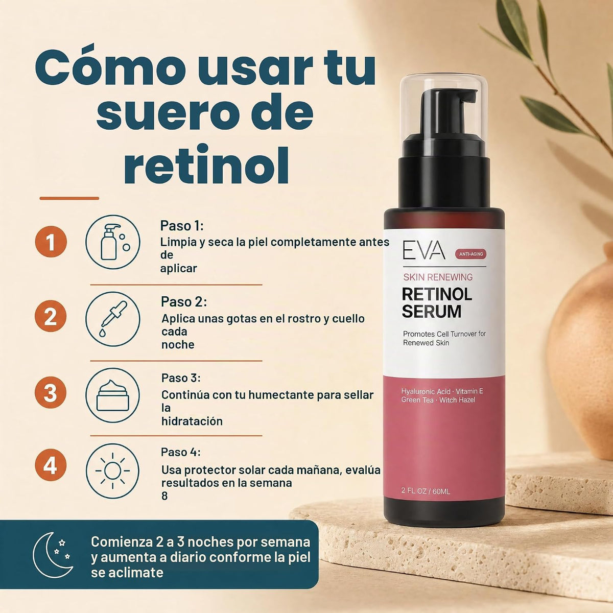 Eva Naturals Retinol Serum for Face, Suero de noche con ácido hialu...