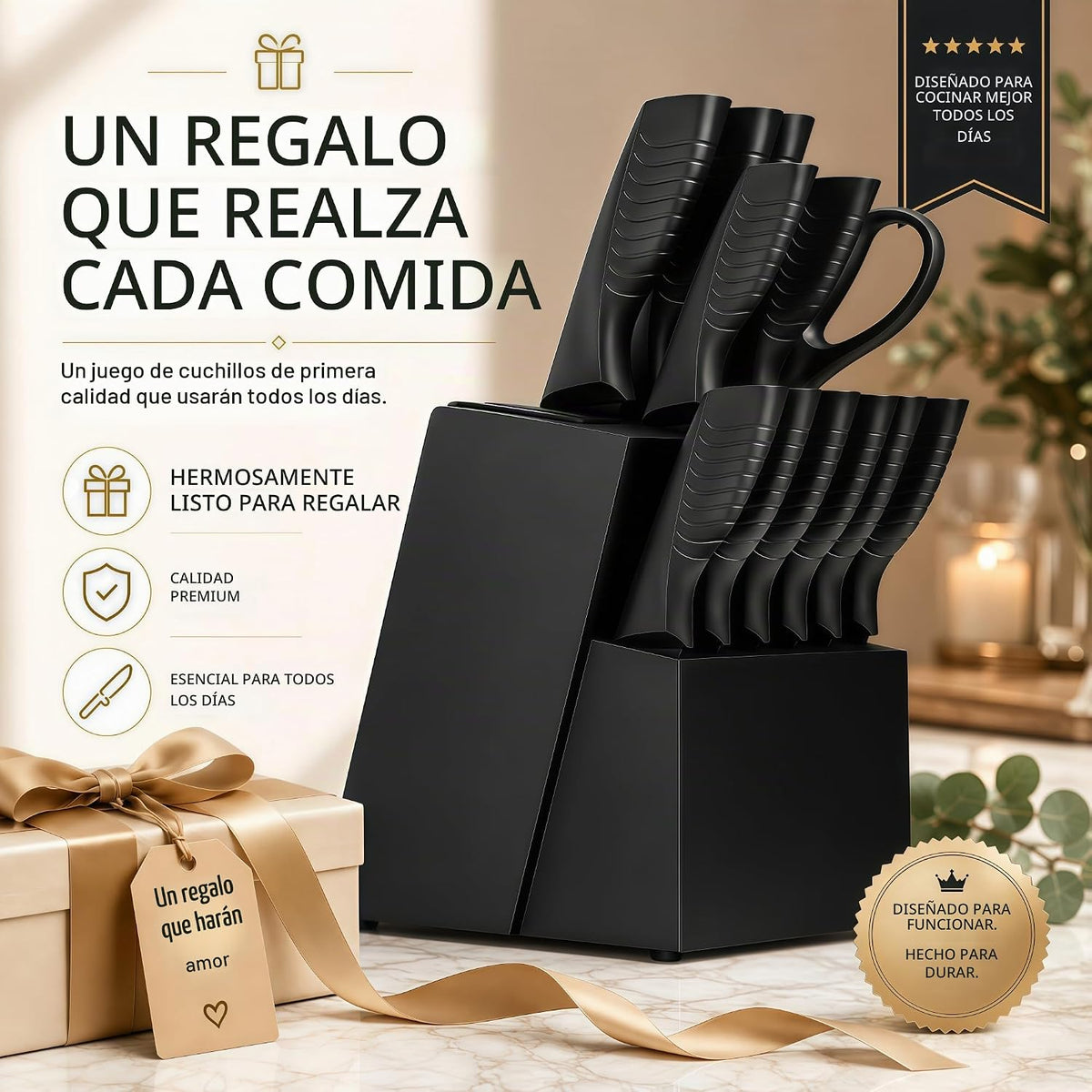 Juego de cuchillos con bloque afilador incorporado, apto para lavav...