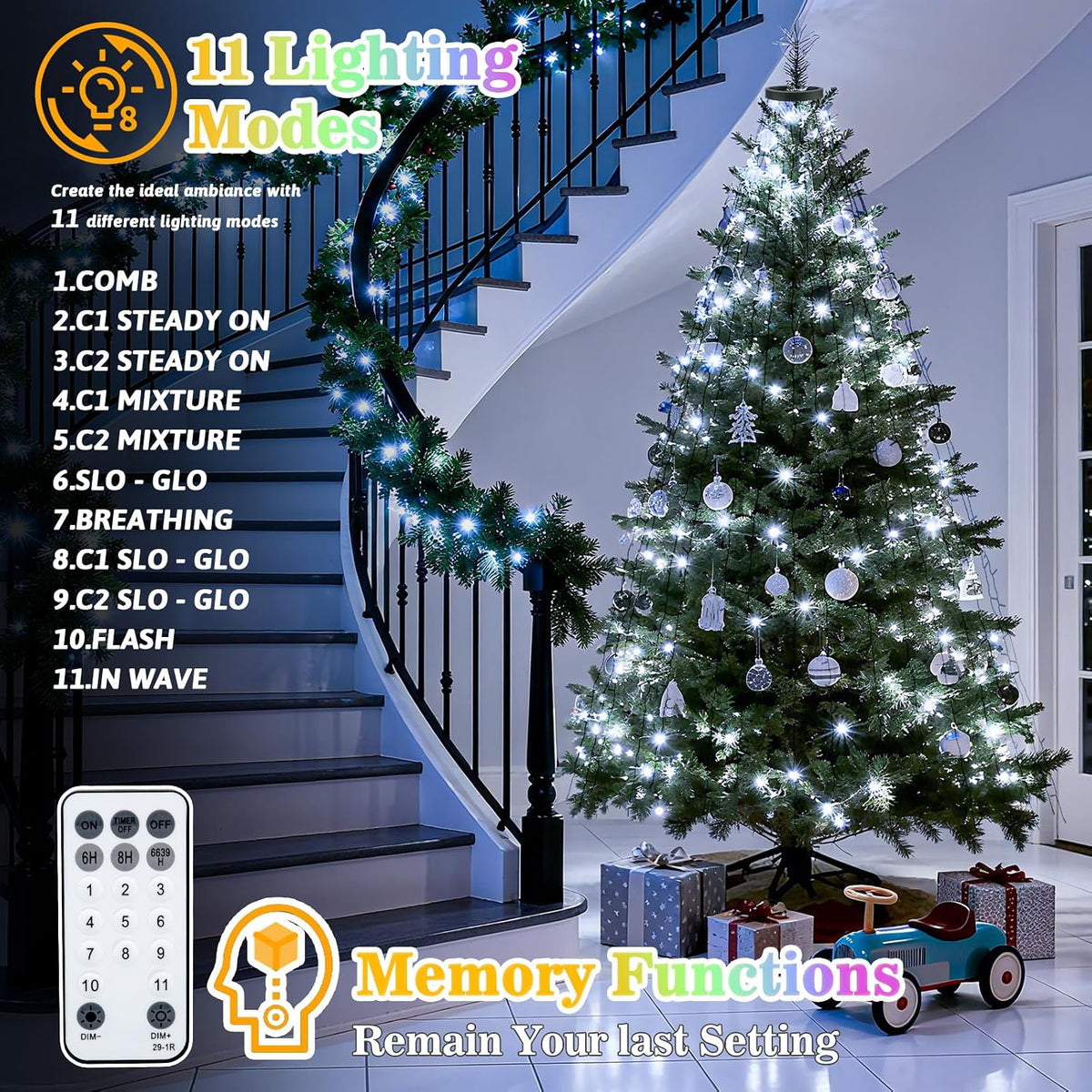Luces de árbol de Navidad con control remoto, 6.5 pies, 400 luces L...