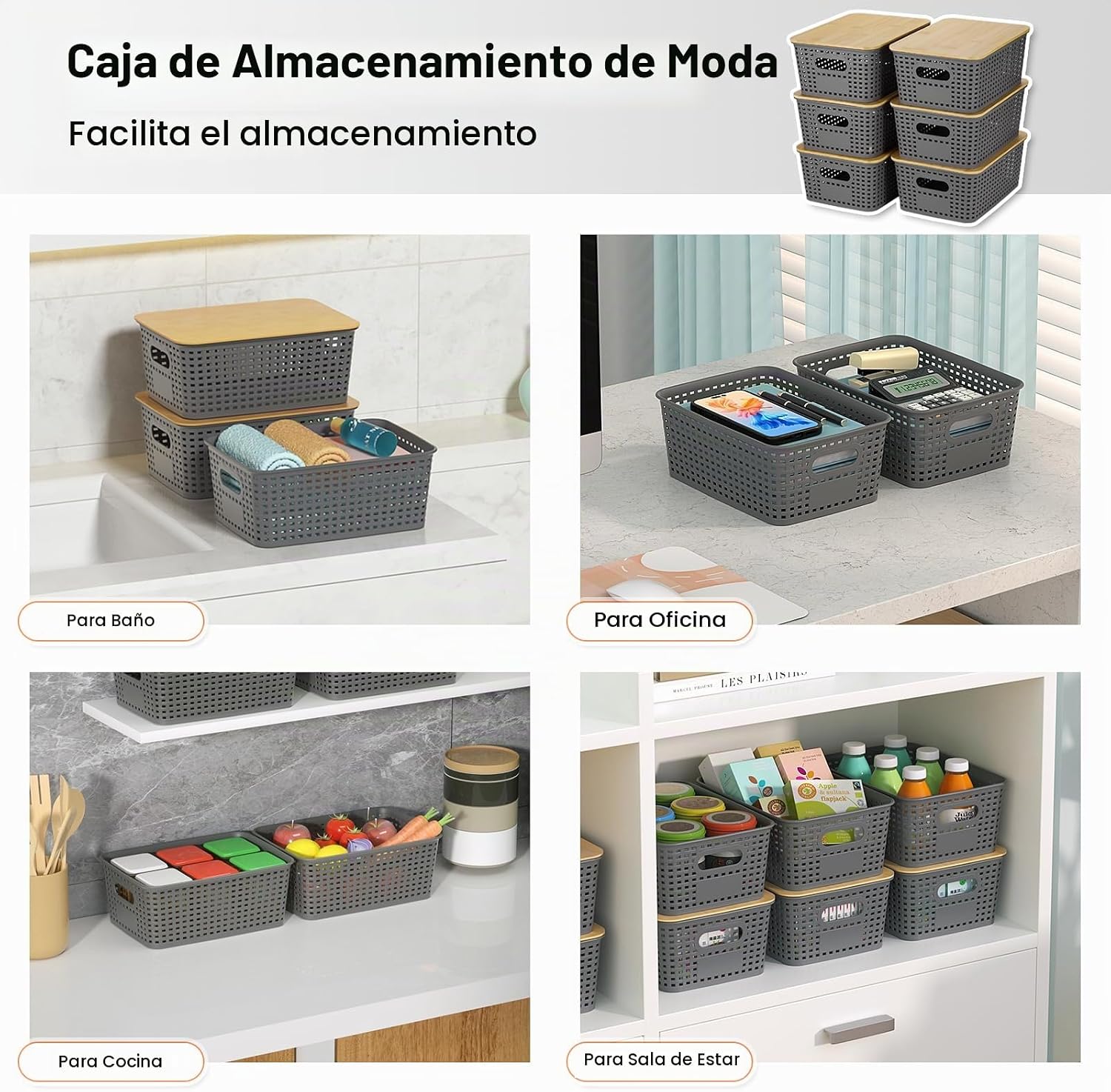 Cestas de almacenamiento de plástico con tapa de bambú - Contenedor...