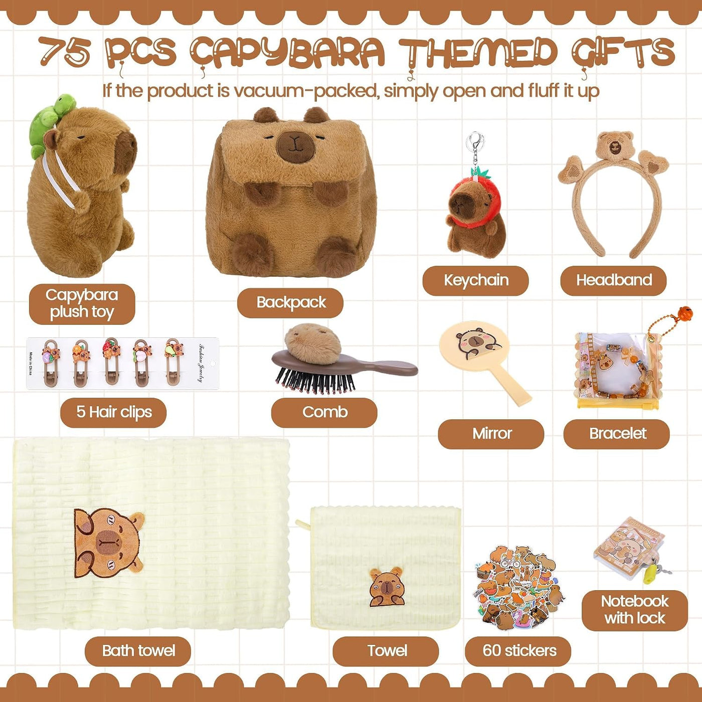 Aodaer Set de 75 piezas de juguete de peluche de capibara con llave...