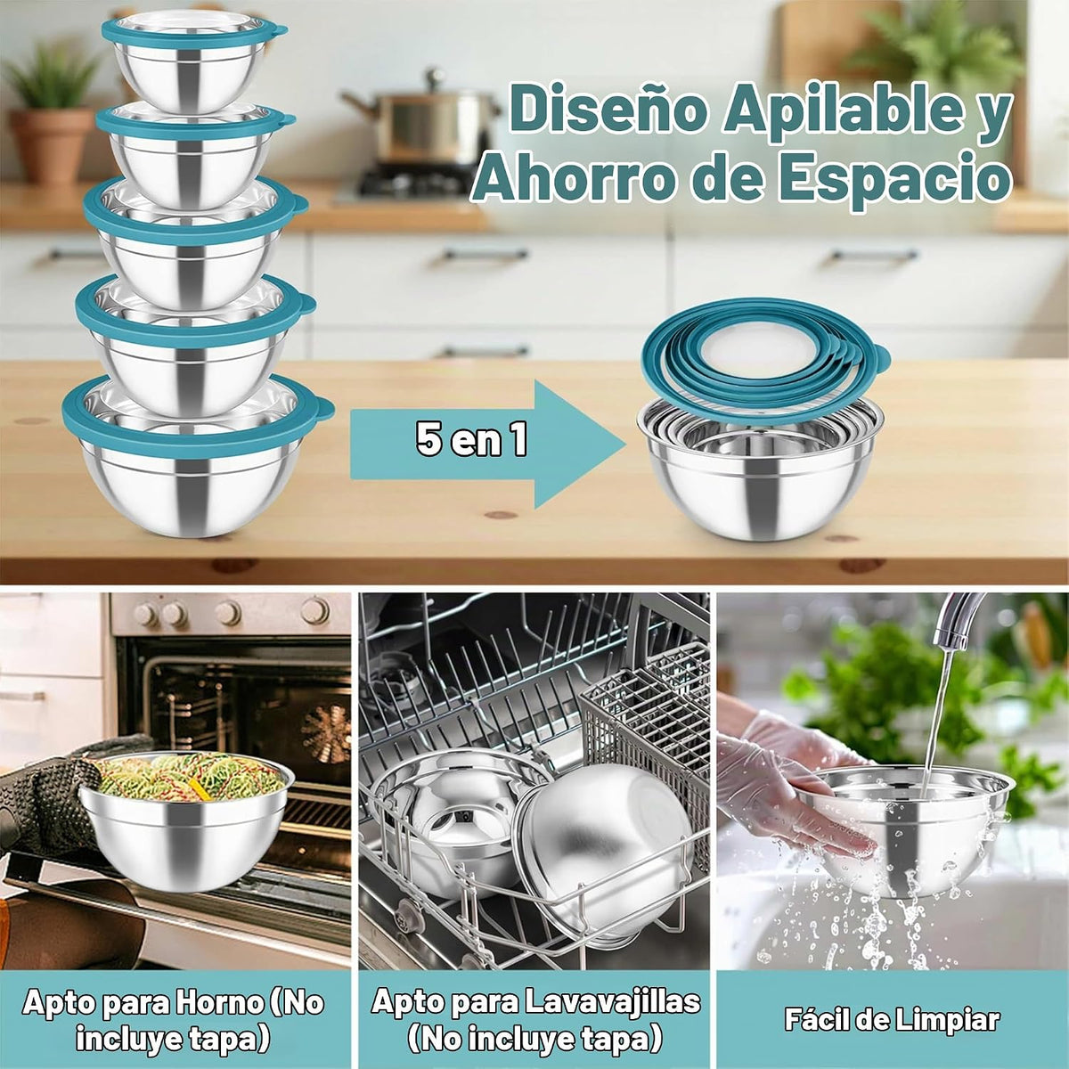 TeamFar - Juego de 5 tazones para mezclar con tapas, de acero inoxi...