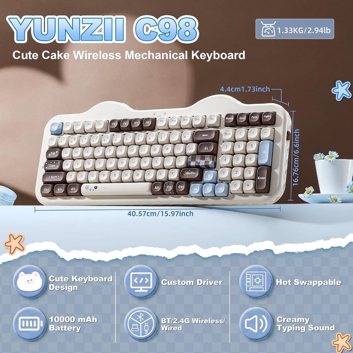 YUNZII Teclado mecánico inalámbrico C98 Cute Cake (Choco, interrupt...