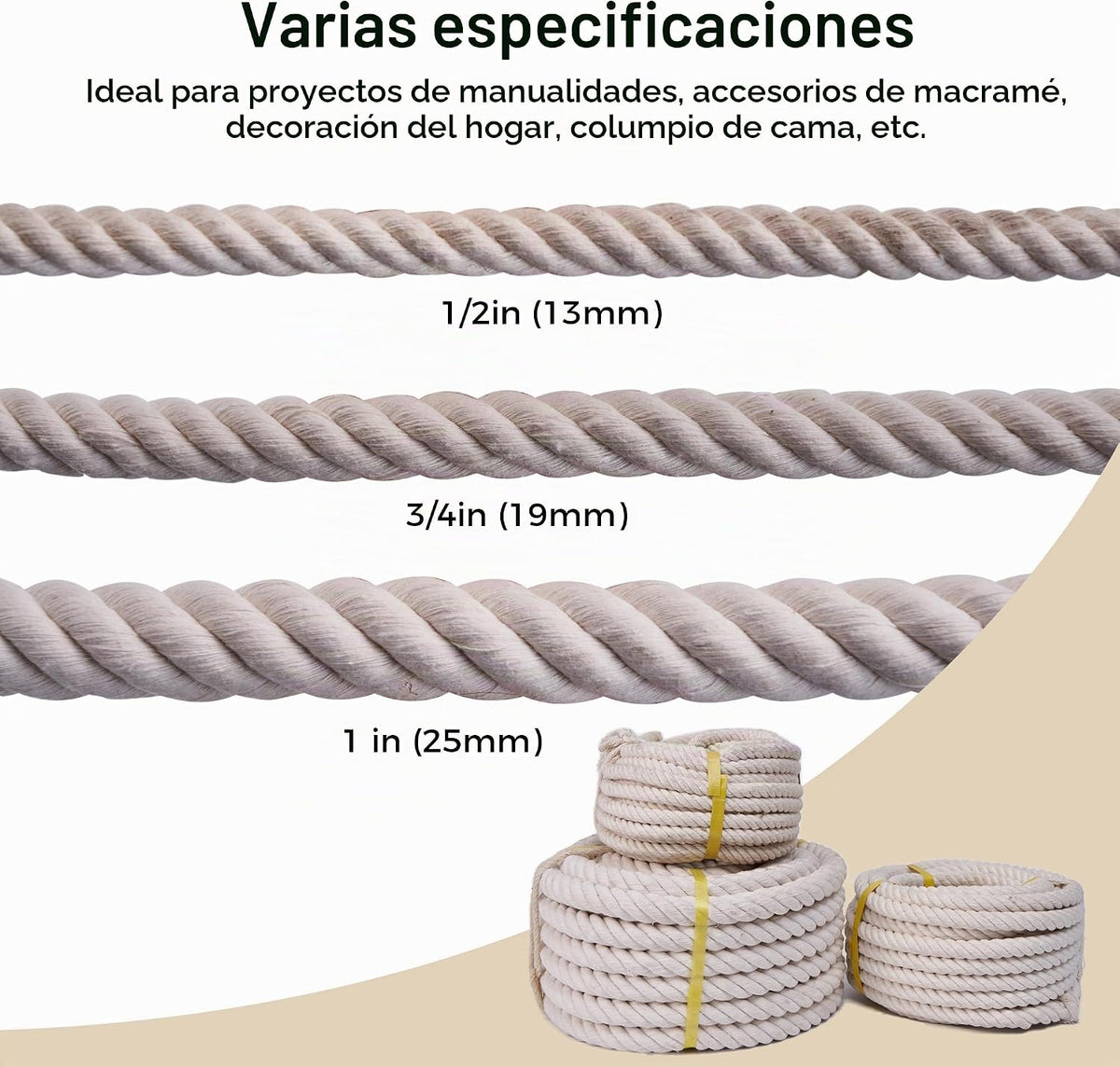 Cuerda de algodón blanco natural de 1\/2 pulgada x 100 pies, cuerda...
