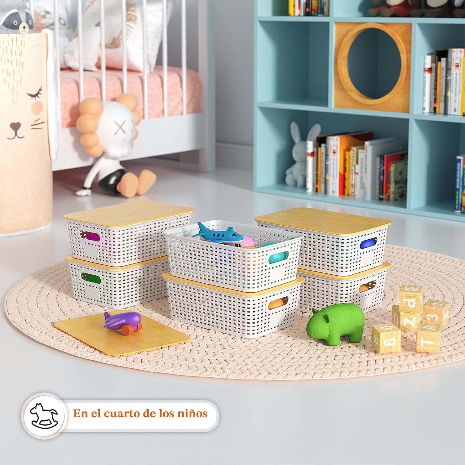 Ohmlove - Cestas de almacenamiento de plástico con tapa de bambú -...