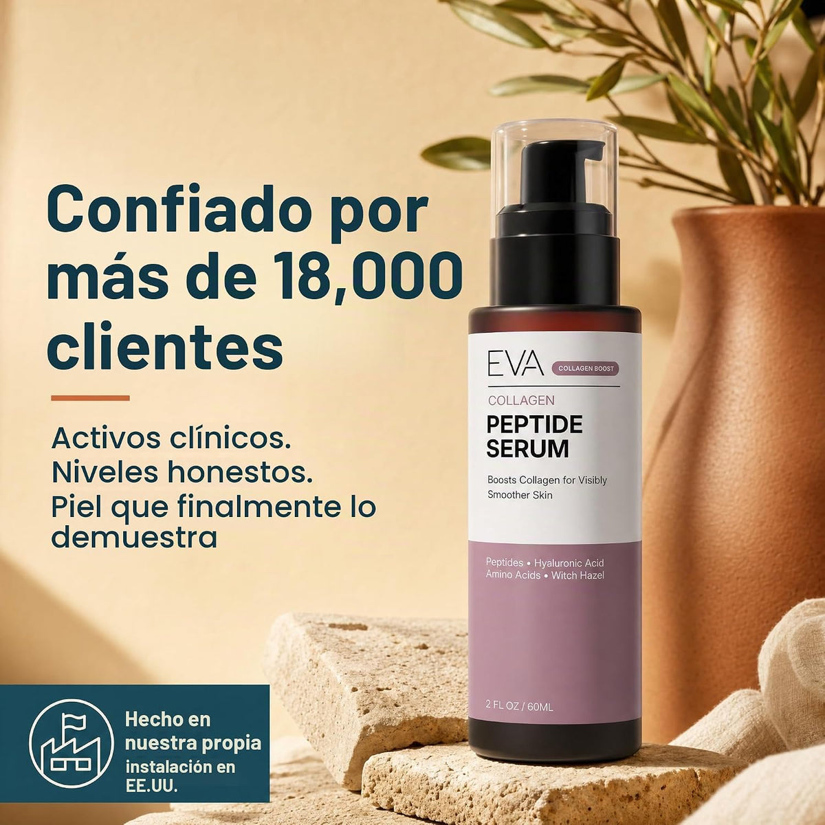 Eva Naturals Suero facial multipéptido, firme, ácido hialurónico, 2...