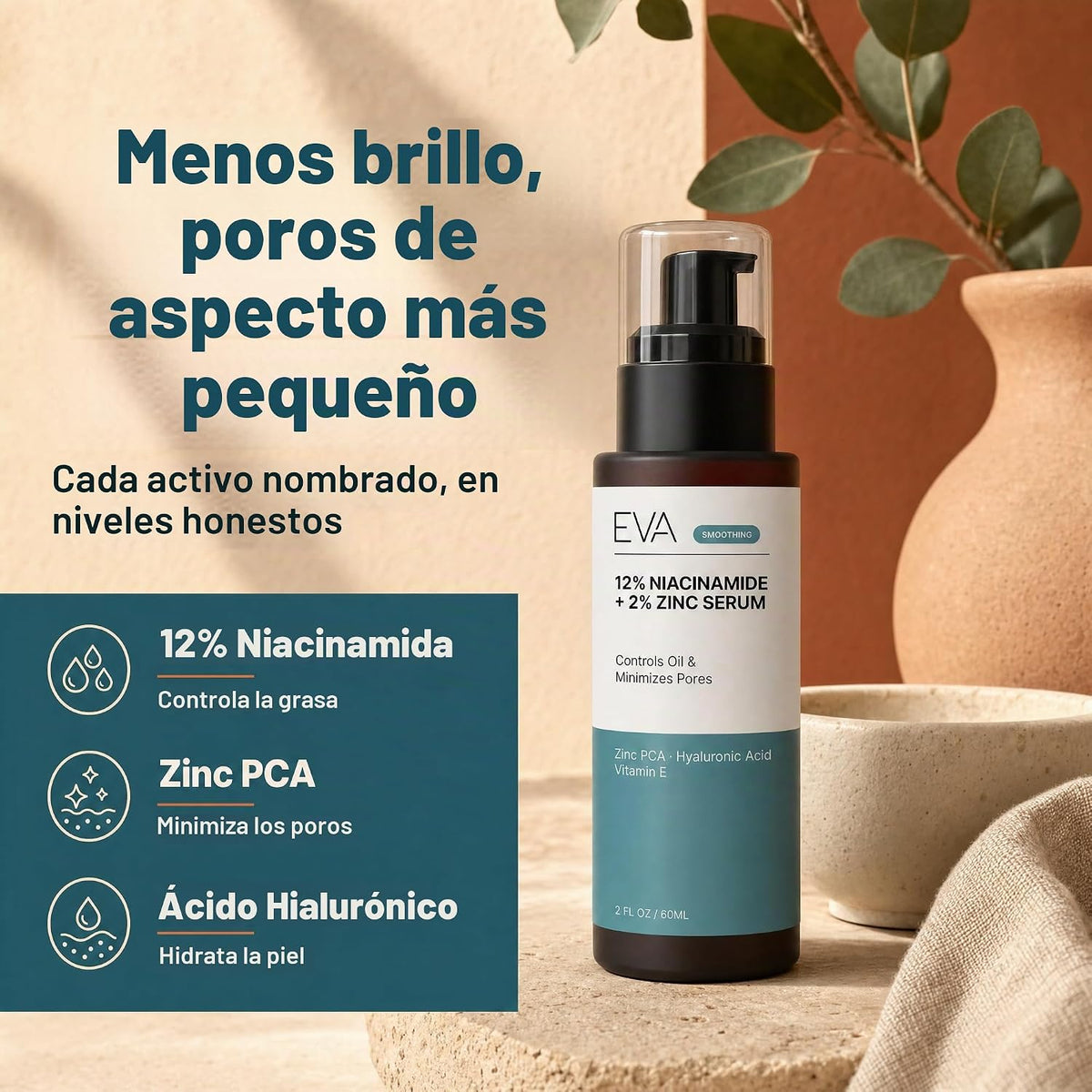 Eva Naturals - Suero de niacinamida 12% + zinc con ácido hialurónic...