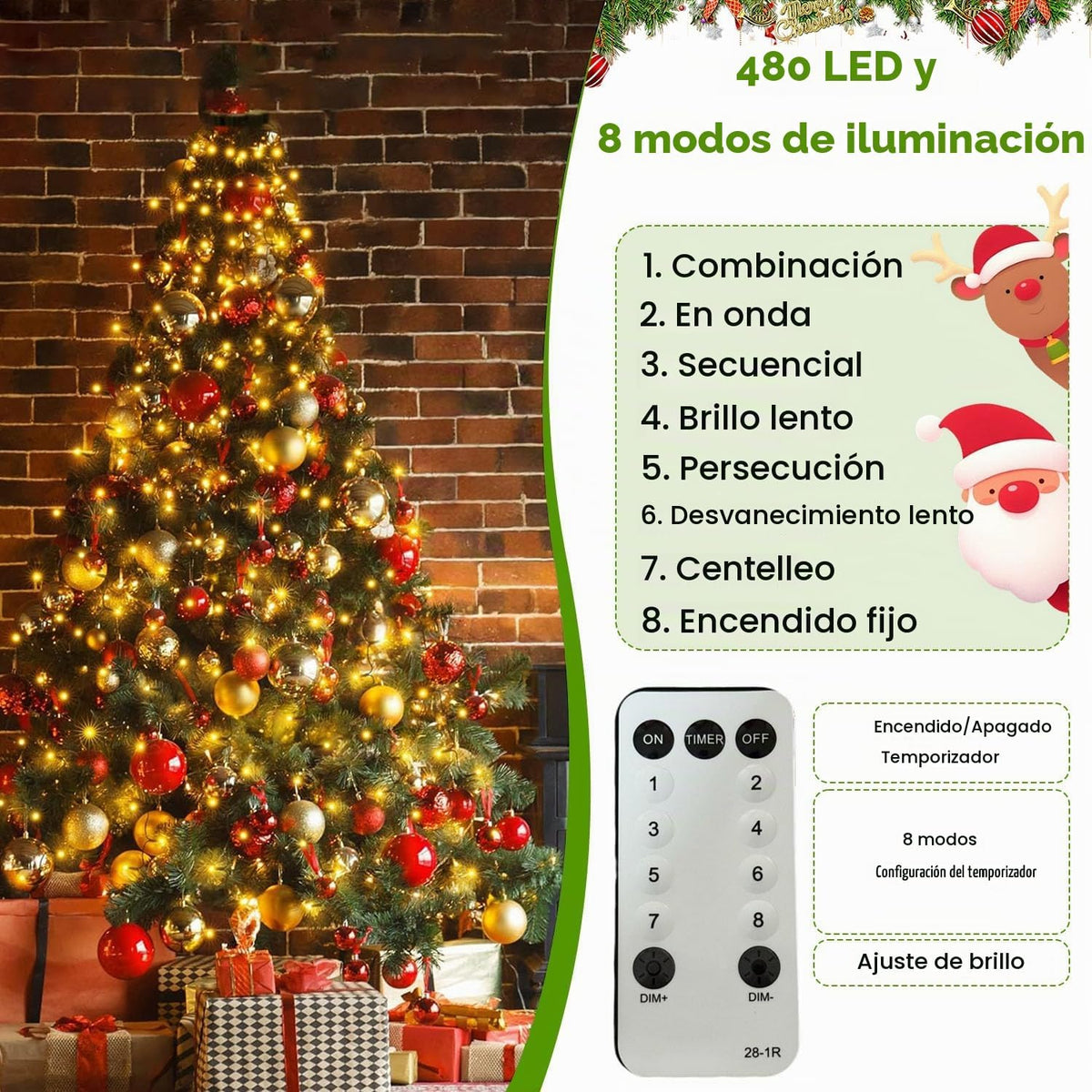 Luces de árbol de Navidad con anillo, 6.6 pies, 16 líneas, 480 luce...