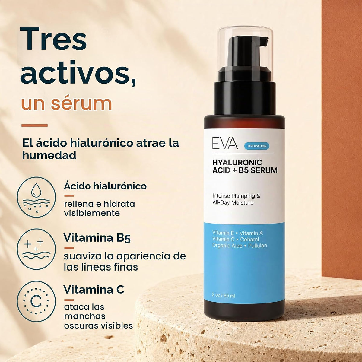 Eva Naturals Ácido hialurónico + B5 y vitamina C suero facial, hidr...