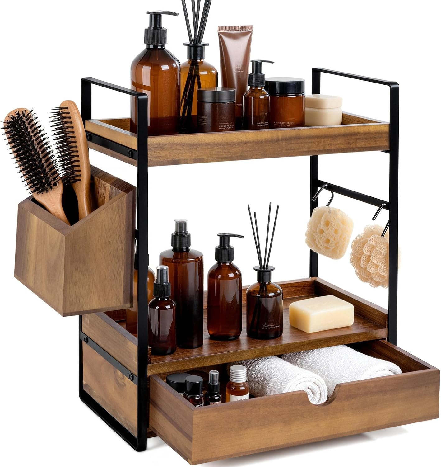 Organizador de encimera de baño de 2 niveles con cajón y cesta, org...