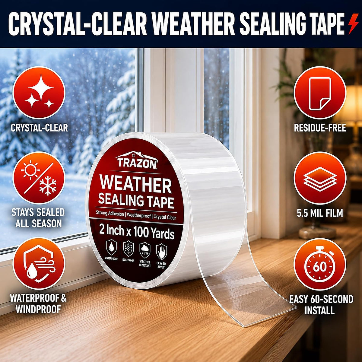 Cinta de sellado para ventanas, 2 pulgadas x 100 yardas (300 pies),...