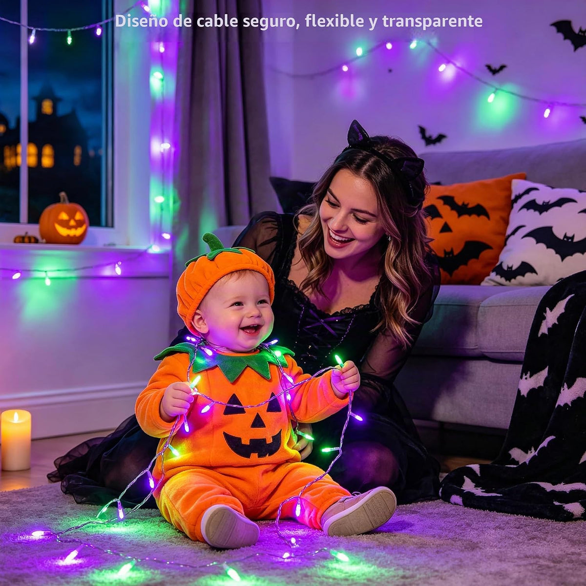 JMEXSUSS 200 luces LED moradas y verdes de Halloween para interiore...