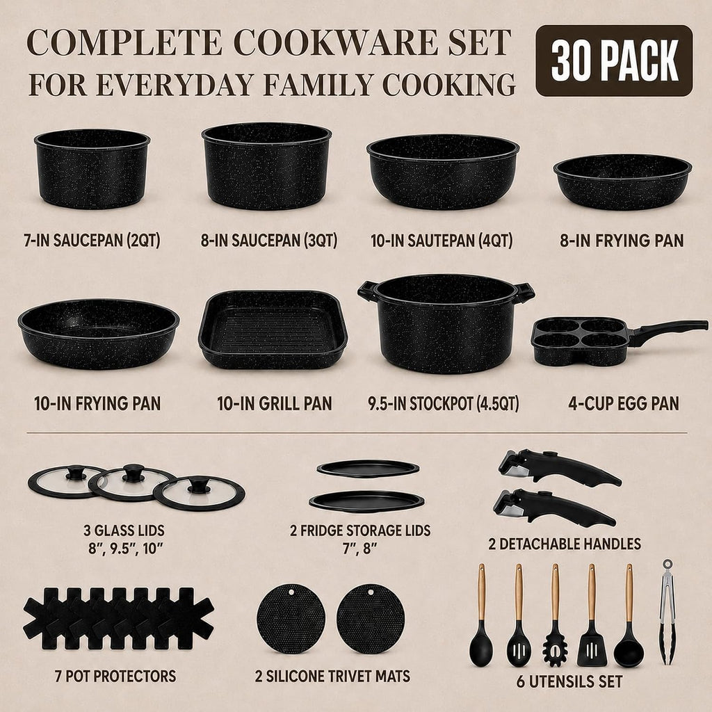 KIKCOIN Juego de ollas y sartenes, juego de 30 utensilios de cocina...