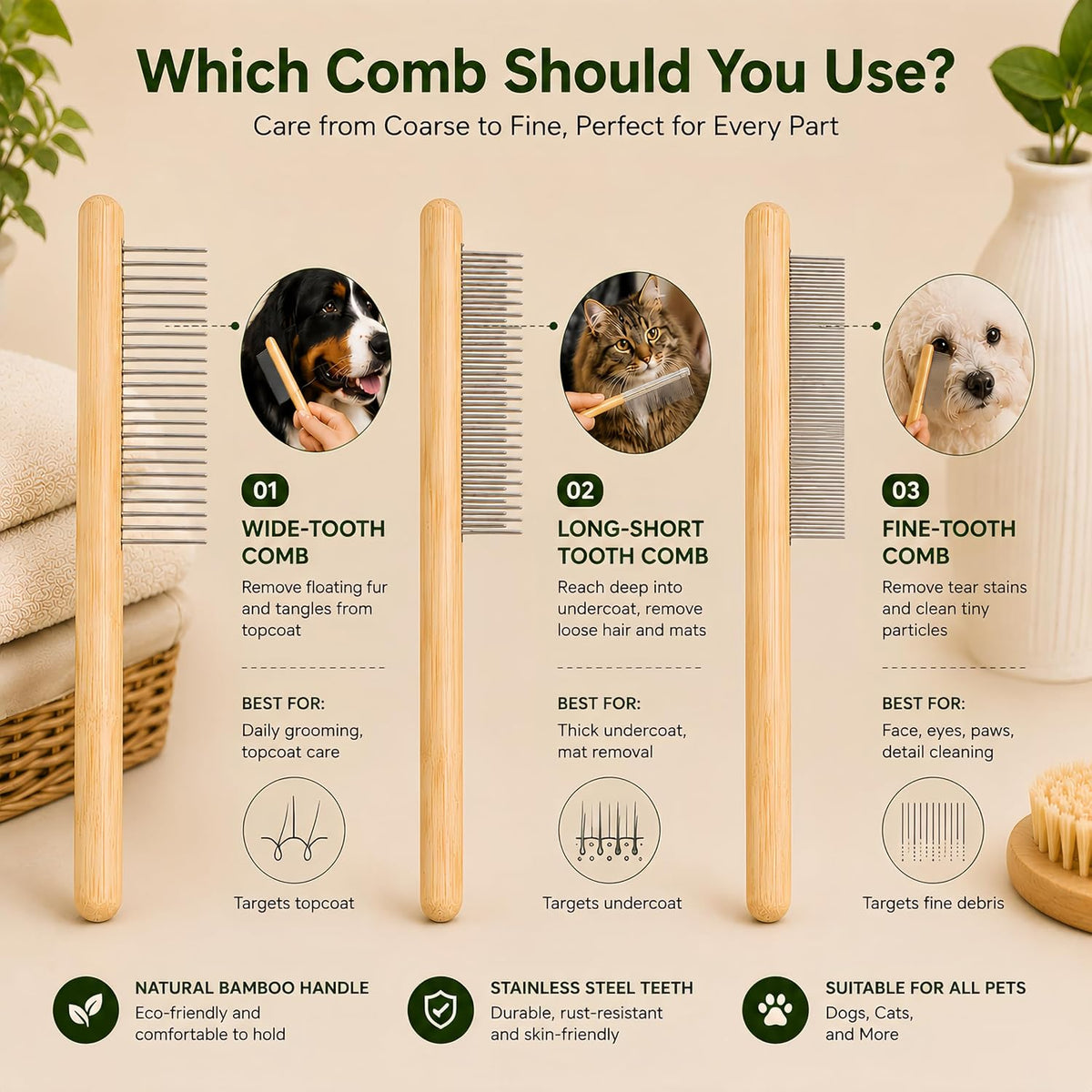 Juyoolumin Kit de aseo de mascotas de bambú para perros y gatos de...