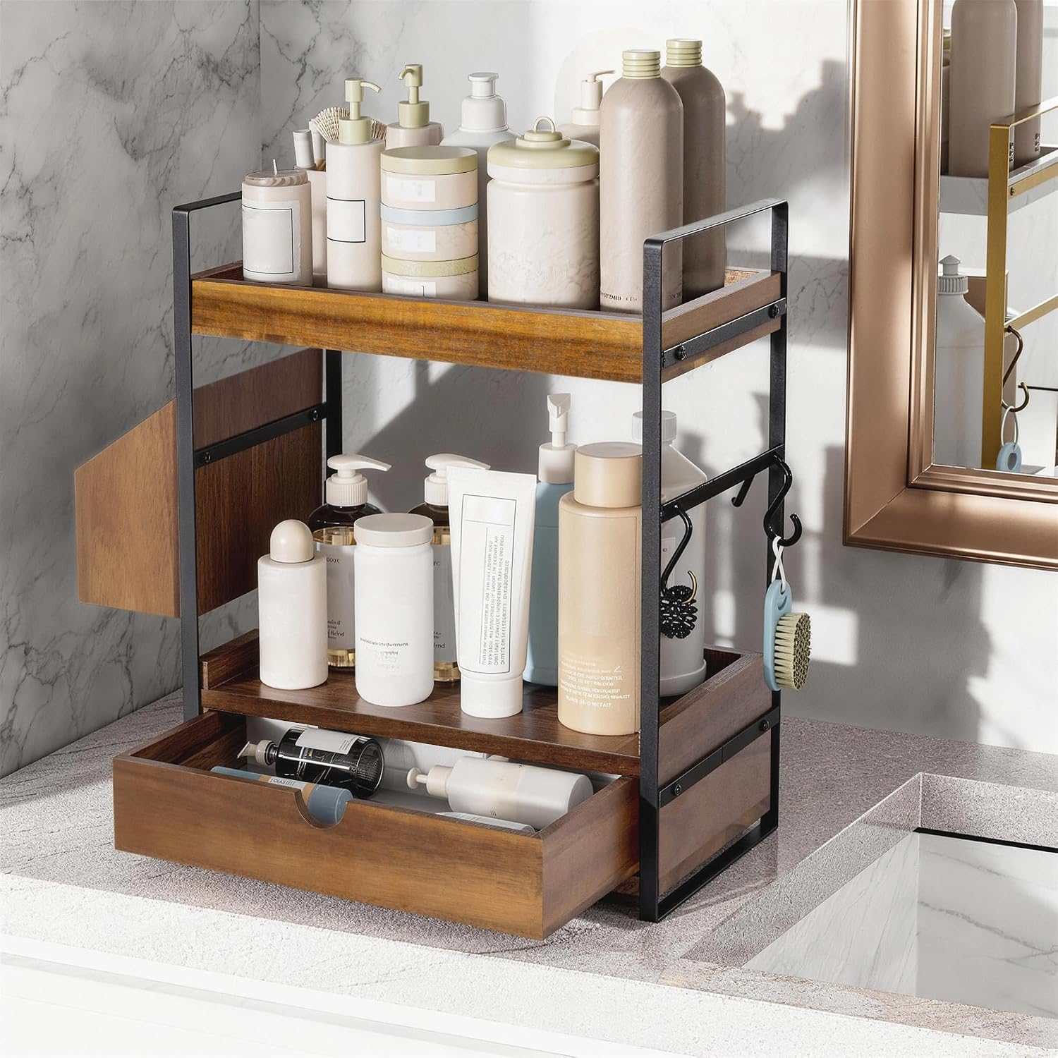 Organizador de encimera de baño de 2 niveles con cajón y cesta, org...
