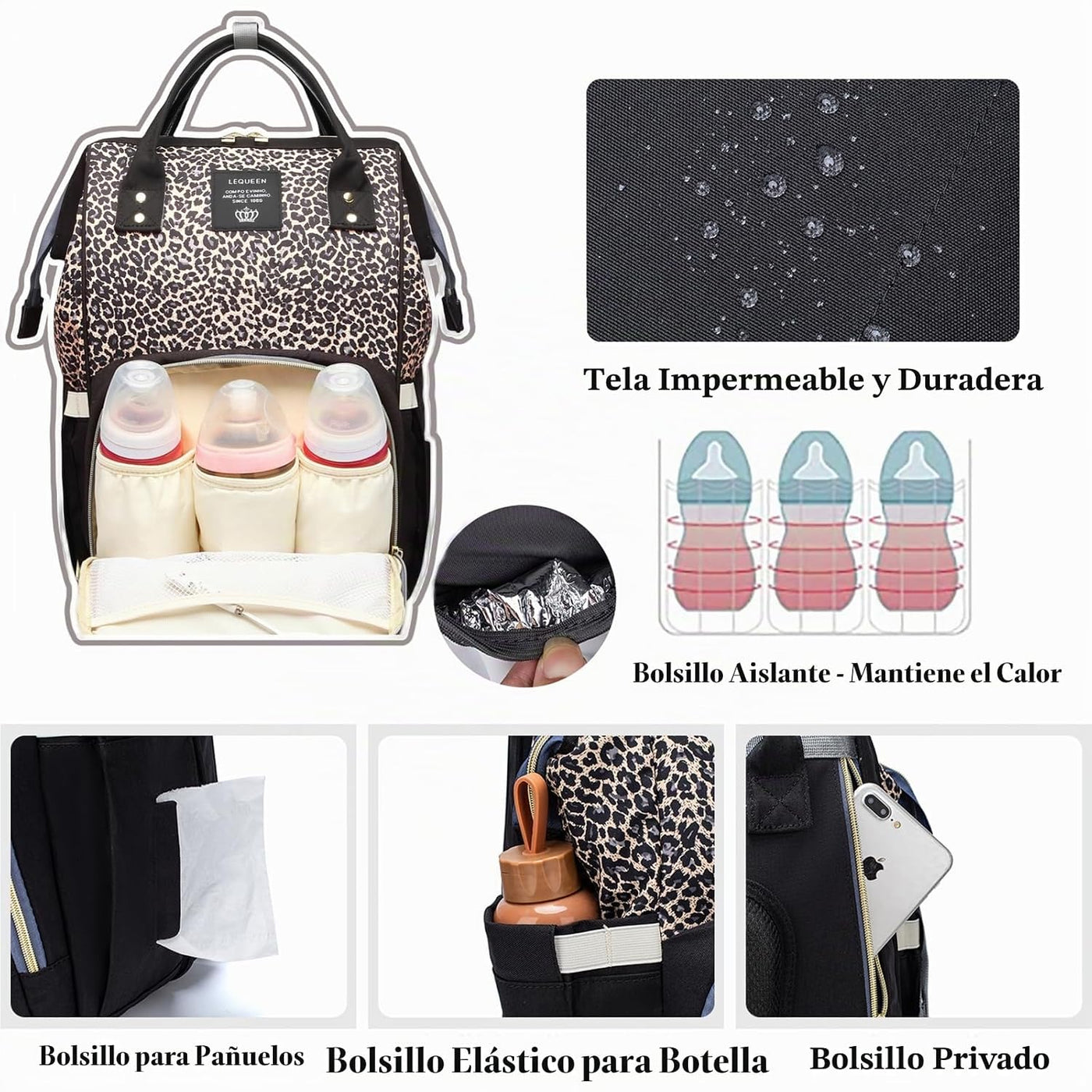 Armbq Bolsa de pañales con estampado de leopardo, mochila multifunc...